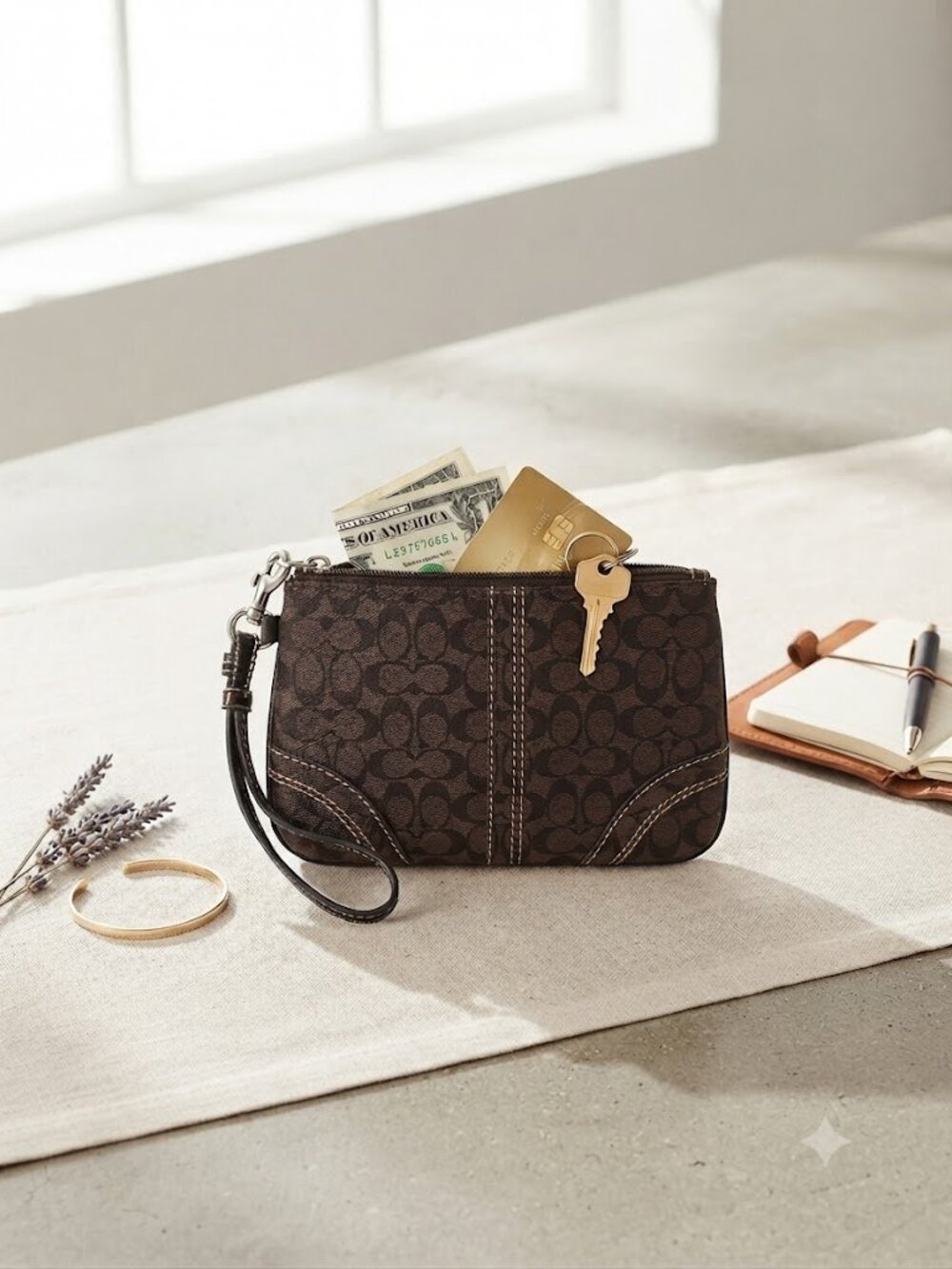 Coach Brown Wristlet Wallet Signature C Logo Fabric Leather Trim